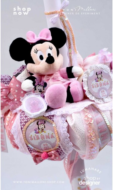 Lumanare cu Minnie Mouse Racer personalizata cu paiete roz si lila 3